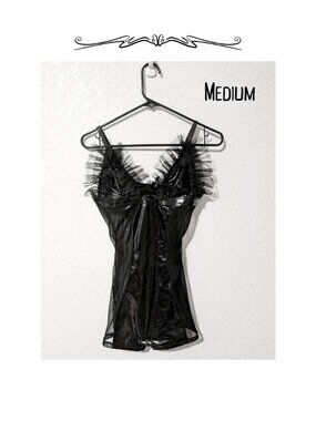 NWT Forplay Black Mesh PVC Goth Ruffle Teddy Bodysuit Romper Boudoir Fetish